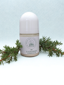 The front of a stick of evergreen embrace natural deodorant